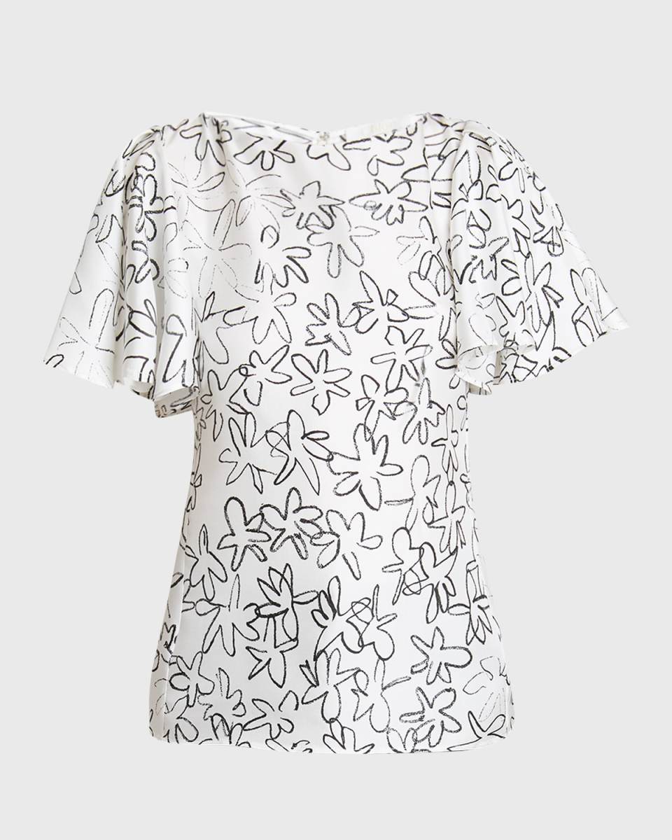 Doodle Floral Flutter-Sleeve Silk Top